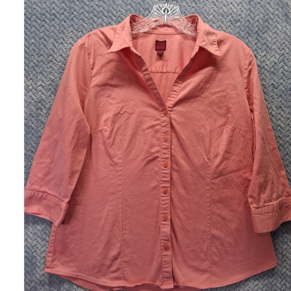 212 Collection Womens Coral Pink Stretch Button Down Shirt 3/4 Sleeve Size L